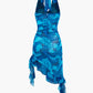 Blue Vintage Tie Dye Mesh Gathered Halter Ruffle Backless Mini Dress