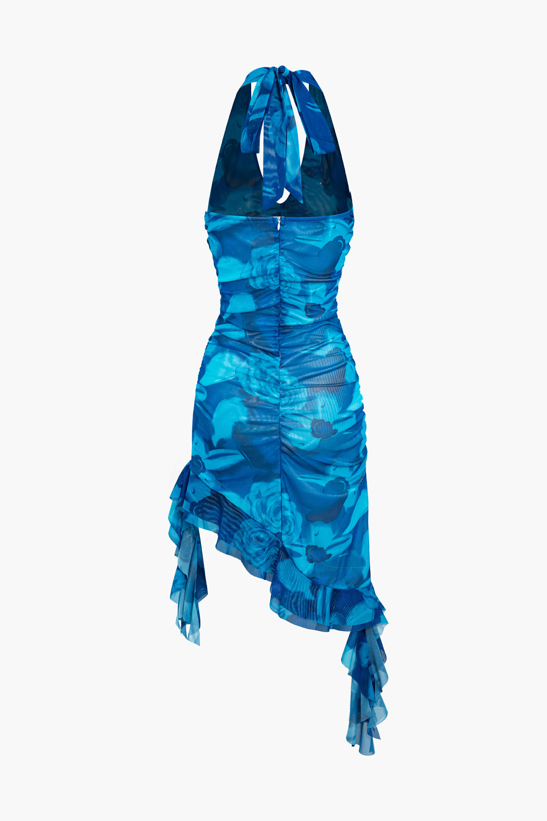 Blue Vintage Tie Dye Mesh Gathered Halter Ruffle Backless Mini Dress