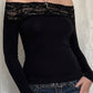 Vintage Black Off Shoulder Long Sleeve Top with Lace Insert