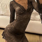 Vintage lace V neck mini dress with trumpet sleeves