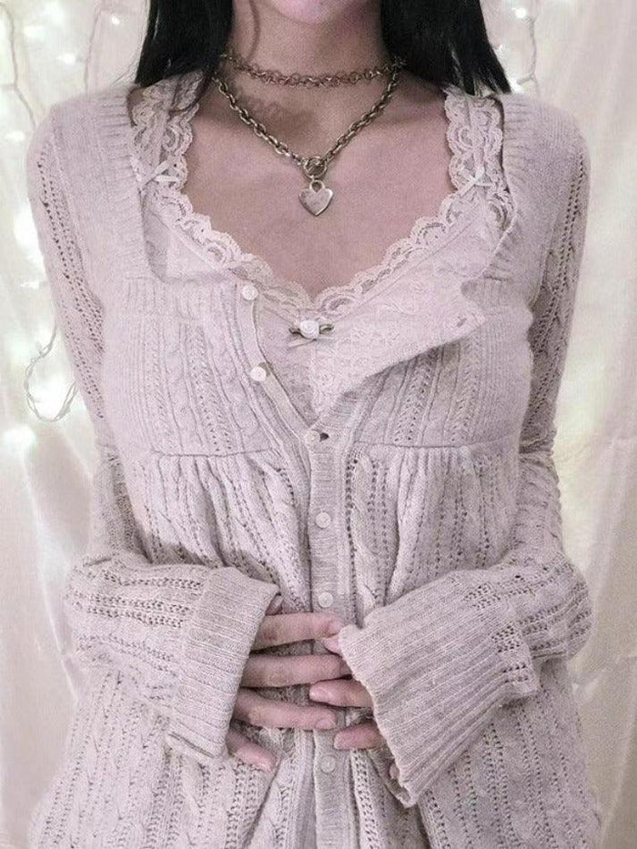 Beige Vintage Pointelle Cardigan with Square Neckline