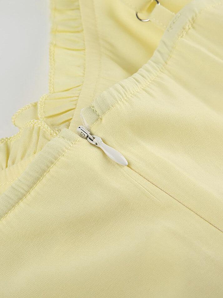 Yellow Vintage V-Neck Ruffle Slit Hem Top