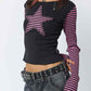 90s Striped Star Print Patchwork Slim Fit Long Sleeve Shirt