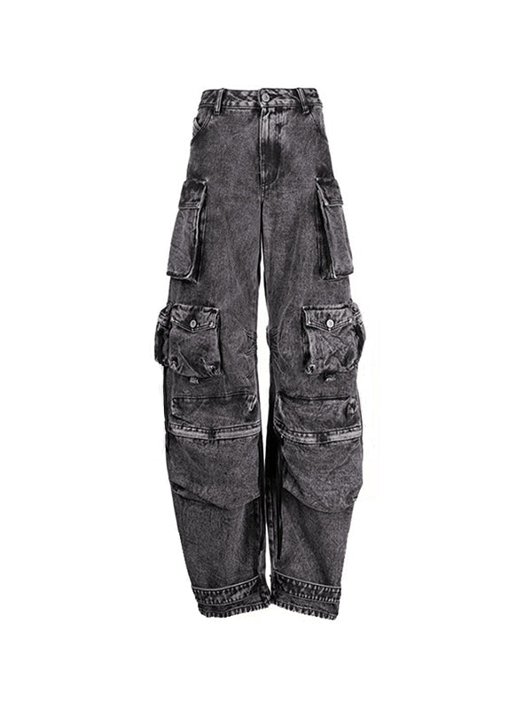 Grey washed cargo jeans with ripped details and pockets