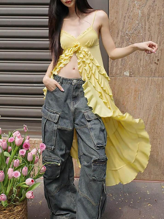 Yellow Vintage V-Neck Ruffle Slit Hem Top