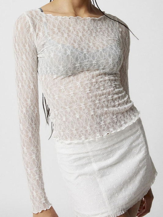 White Transparent Lace Mesh Slim Long Sleeve T-Shirt