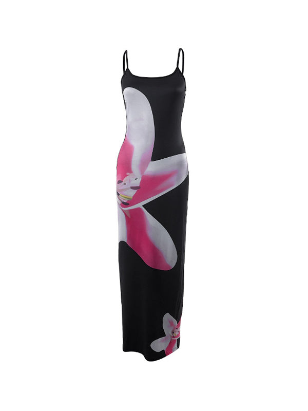 Black Floral Print Bodycon Cami Maxi Dress