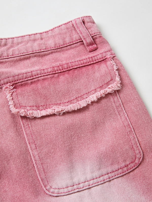 Pink Y2K Multi Pocket Ripped Cargo Jeans with Faded Effect