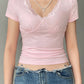 Pink Vintage V-Neck Lace Trim Short Sleeve T-Shirt