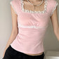 Pink Vintage Lace Trim Bow Square Neck Crop Top