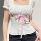 White Y2K Bow Lace Patchwork Bubble Sleeve Top