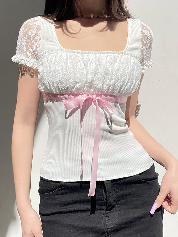 White Y2K Bow Lace Patchwork Bubble Sleeve Top