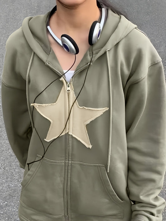 Vintage baggy hoodie with star patch and zipper