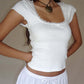 White Vintage Lace Square Neck Knit with Short Sleeves