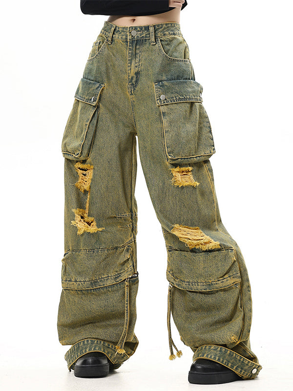 Vintage washed cargo jeans with holes