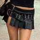 Punk Rivet Belt Pleated Slit Leather Mini Skirt