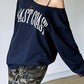 Vintage Blue Street Fashion Sweatshirt with Slope Neck and Print