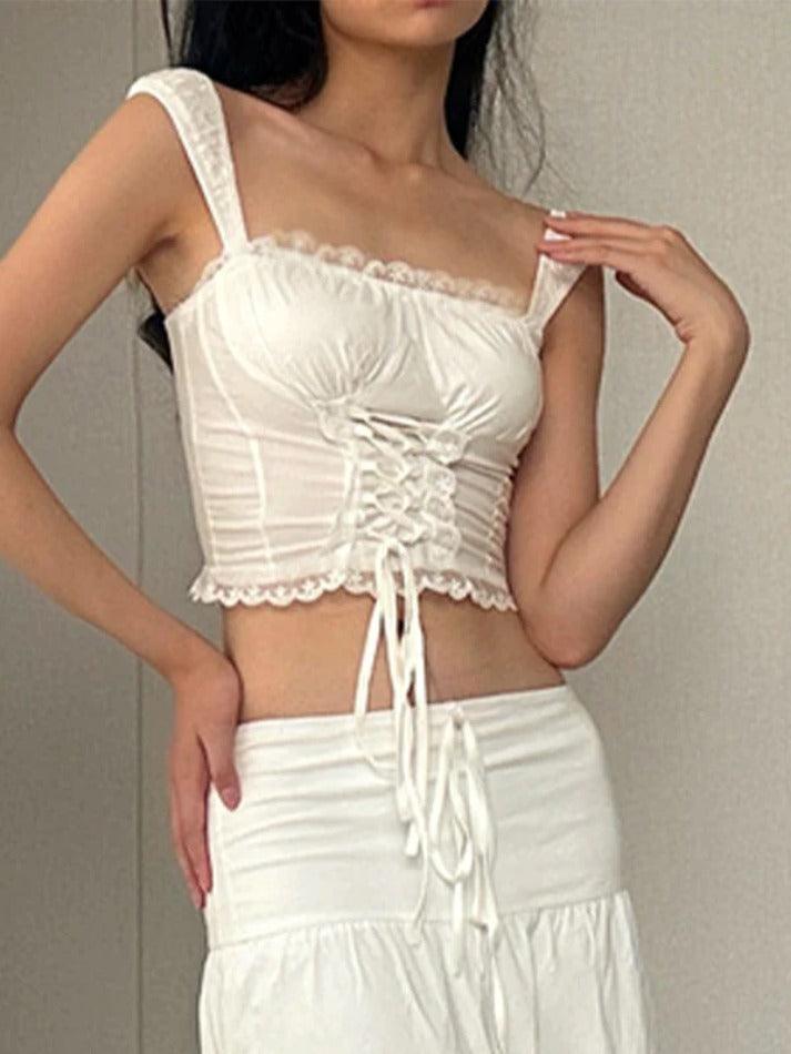 White Y2K Square Neck Lace Splice Tie Front Tank Top/White Y2K Square Neck Lace Splice Tie Front Tank Top