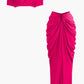 V Neck Gathered Top &amp; V Shaped Waist Cut Maxi Skirt Set