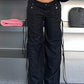 Black Hip Hop Low Waist Cargo Pants with Pockets and Ribbons