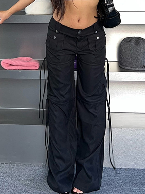 Black Hip Hop Low Waist Cargo Pants with Pockets and Ribbons