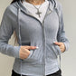 Grey Vintage Ribbed Zipper Drawstring Long Sleeve Hoodie