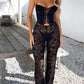 Vintage Lace Corset Eyelet Jumpsuit with Tie