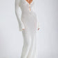 White Vintage V Neck Crochet Open Knit Long Sleeve Maxi Dress