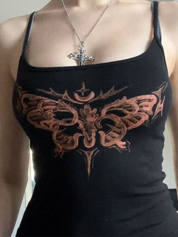 Black Y2K Butterfly Print Slim Fit Cami Top