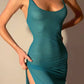 Green Y2k mesh midi dress with thigh slit and strappy look