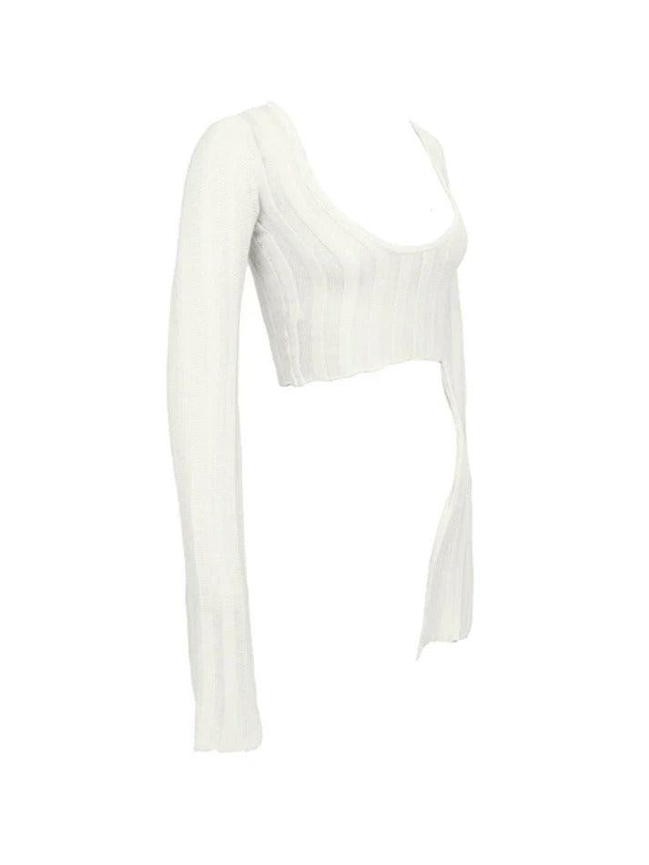 White Vintage Deep Neck Long Sleeve Top