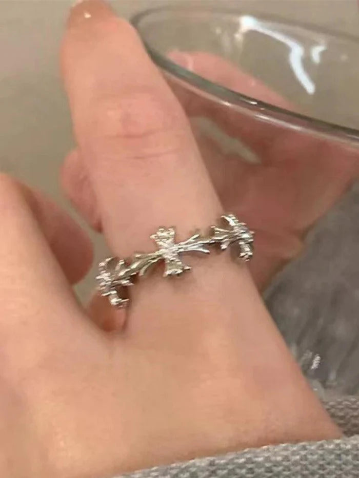 Silver Vintage 2 Pieces Shiny Cross Moon Star Pattern Cuff Ring