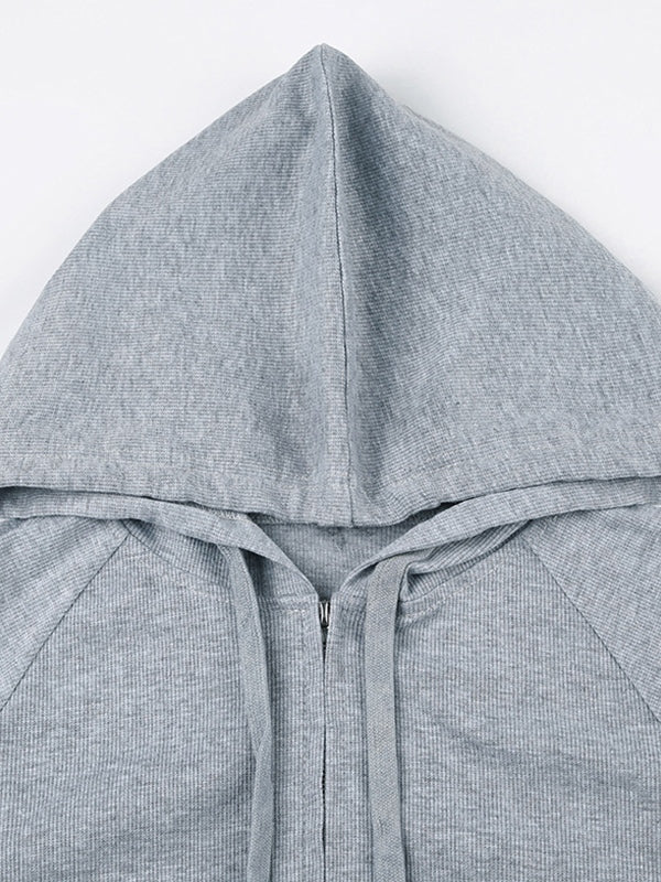 Grey Vintage Ribbed Zipper Drawstring Long Sleeve Hoodie