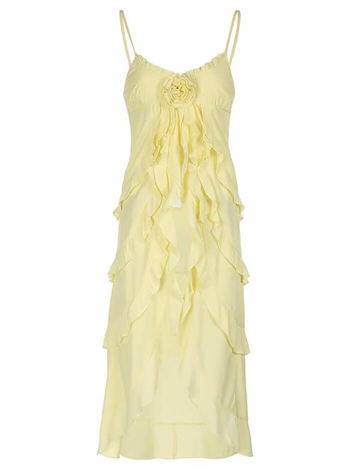 Yellow Vintage V-Neck Ruffle Slit Hem Top