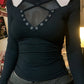 Black Y2k long sleeve with grid cross stitch design