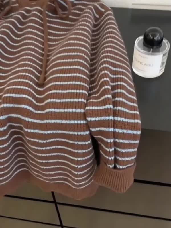 Y2K Coffee Colored Hooded Knit Sweater with Stripes and Lace-Up