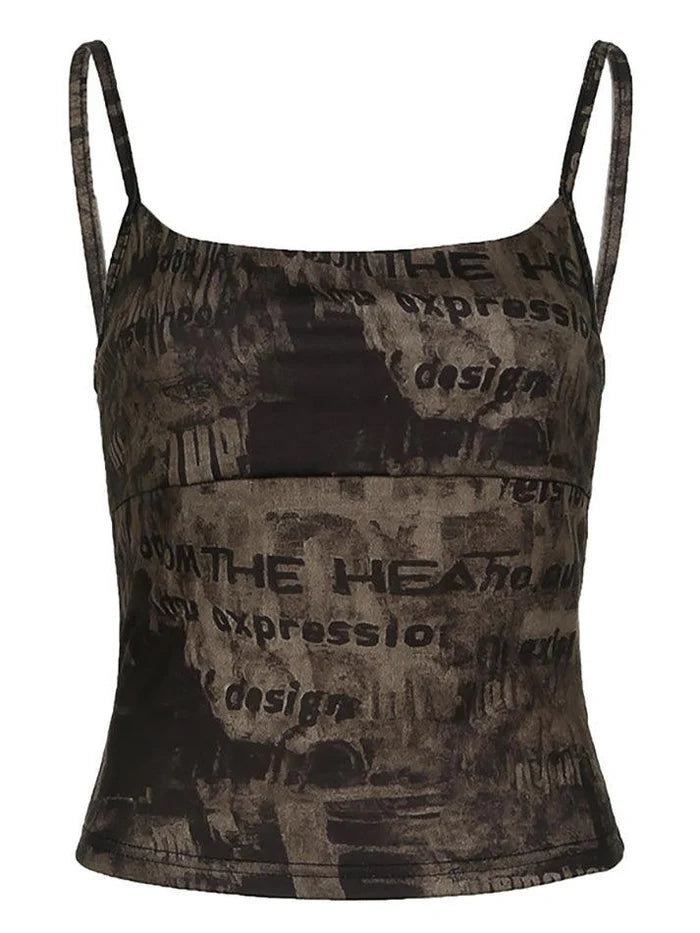 Brown vintage slim cami top with letter print