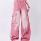 Pink Y2K Multi Pocket Ripped Cargo Jeans with Faded Effect