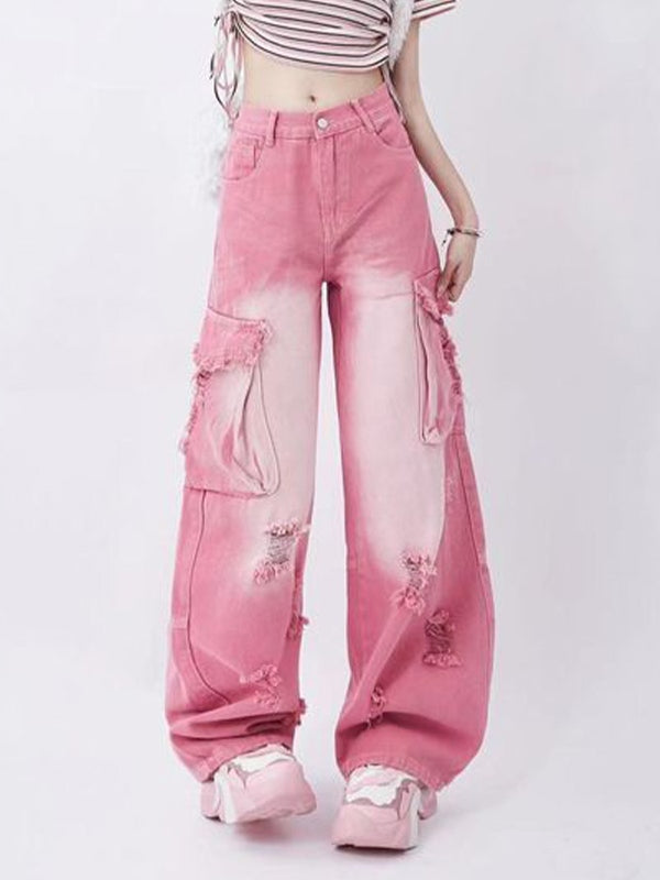 Pink Y2K Multi Pocket Ripped Cargo Jeans with Faded Effect