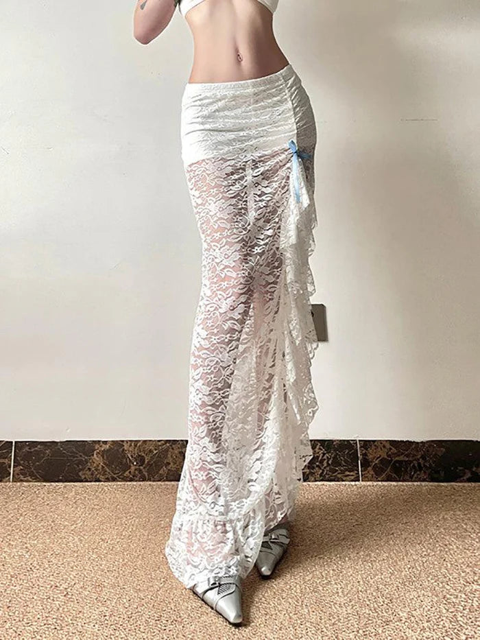 White Vintage Sheer Lace Midi Skirt