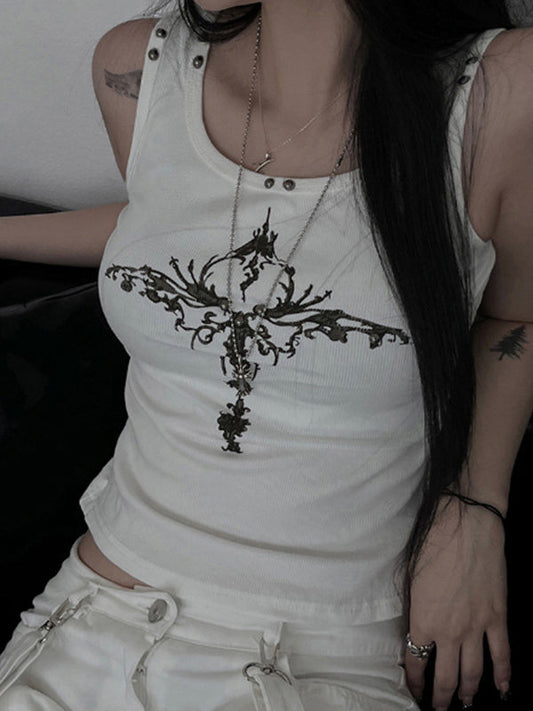 White Gothic Print Studded Tank Top