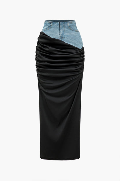 Classic denim patchwork skirt with color block and ruffles