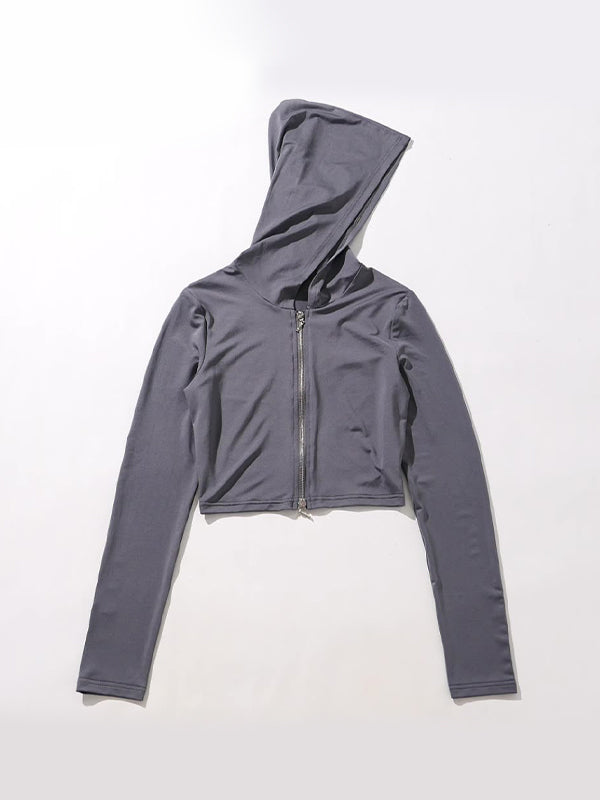 Grey Hip Pop Zip Up Short Long Sleeve T Shirt with Hood 