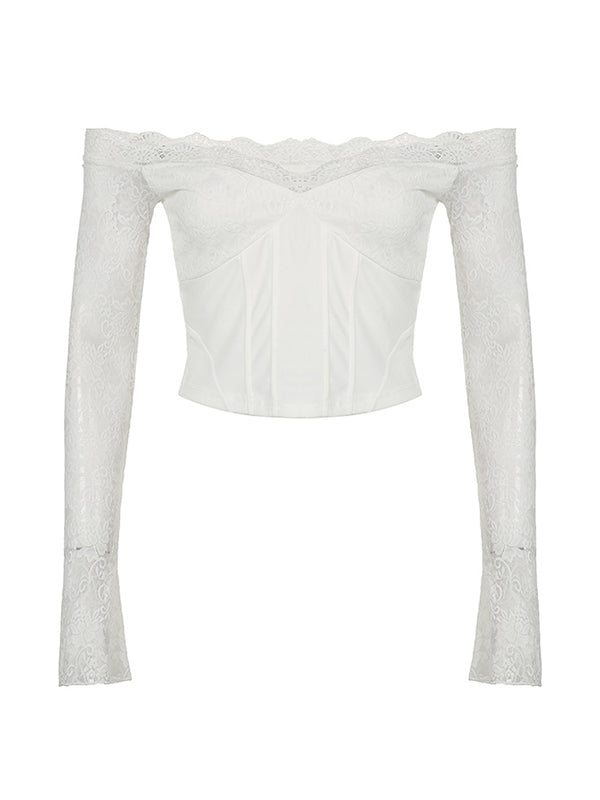 White vintage off shoulder top with lace and long sleeves