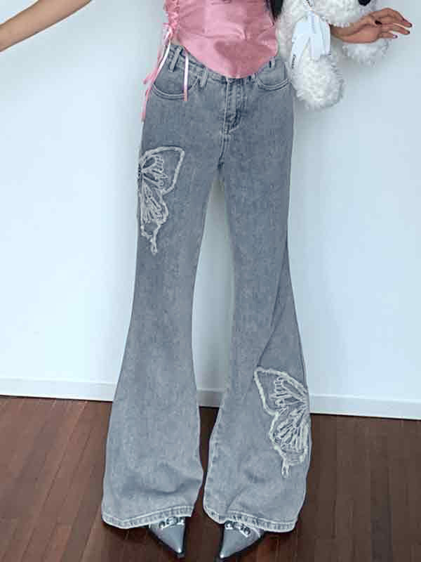 Flared trousers with butterfly embroidery