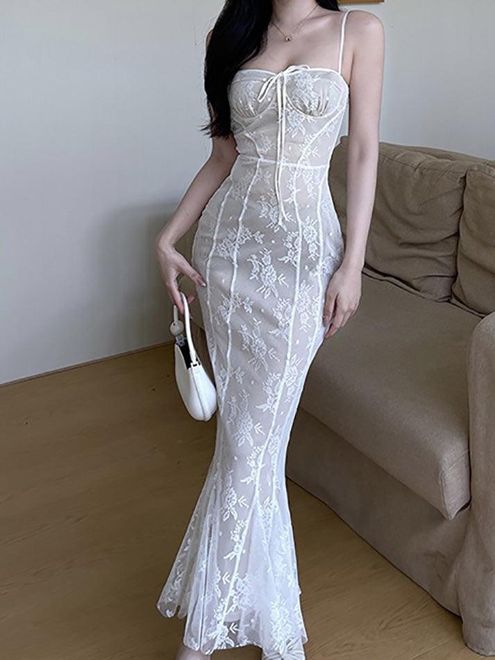 Lace Tie Slim Fishtail Maxi Dress