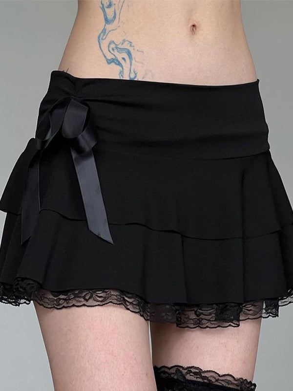 Black tiered mini skirt with lace bow