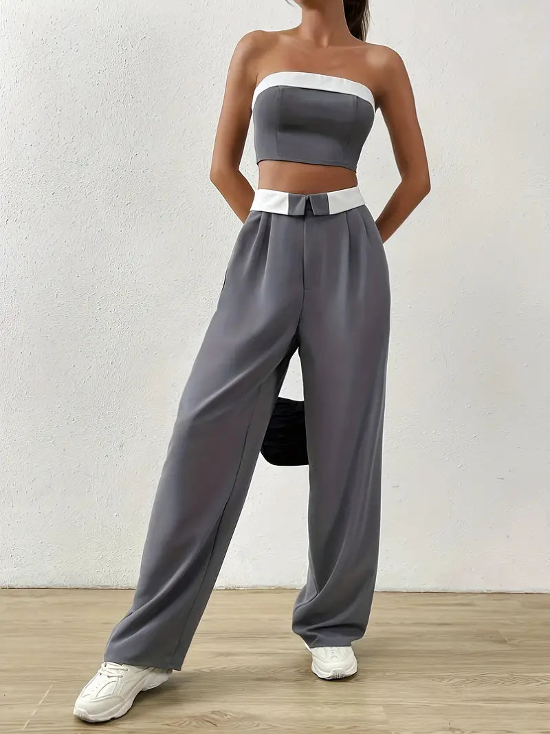 Contrast Color Vintage Off Shoulder Bandeau Top &amp; Pants Two Piece Set 