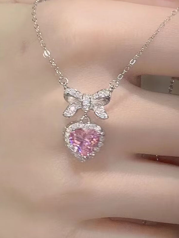 Pink Y2K Glitter Bow Heart Pendant Necklace