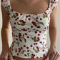 Y2k backless short sleeve crop top with cherry print